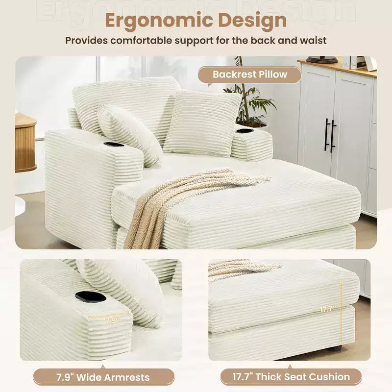 Corduroy Chaise Lounge Chair Single Seater Recliner with Ottoman Modern Accent Chair for Living Room or Bedroom