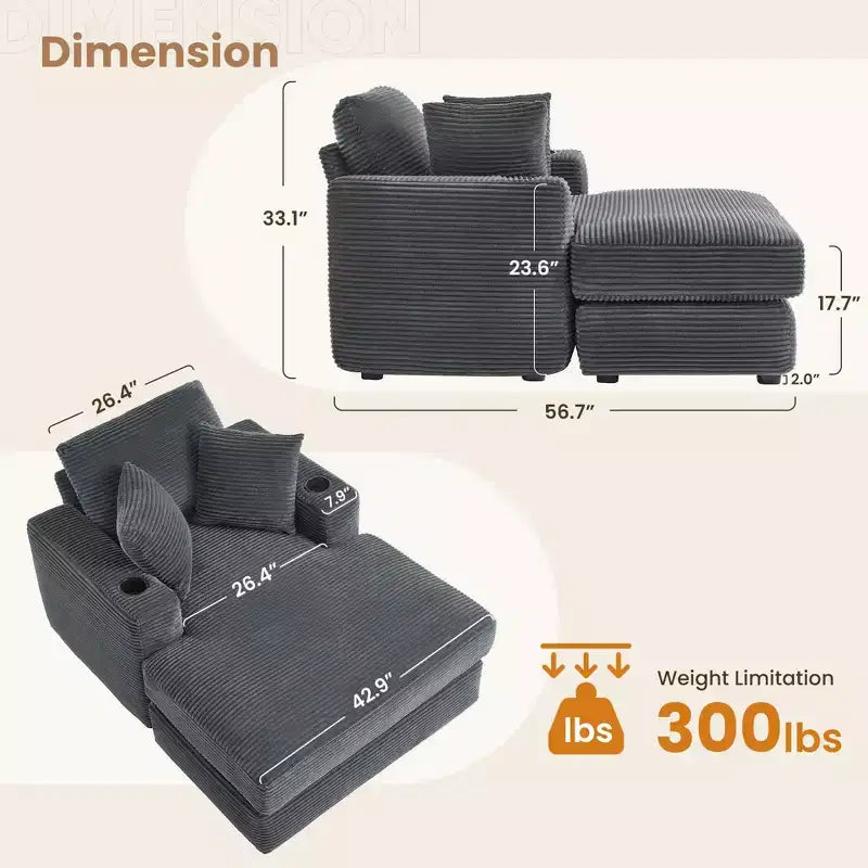 Corduroy Chaise Lounge Chair Single Seater Recliner with Ottoman Modern Accent Chair for Living Room or Bedroom