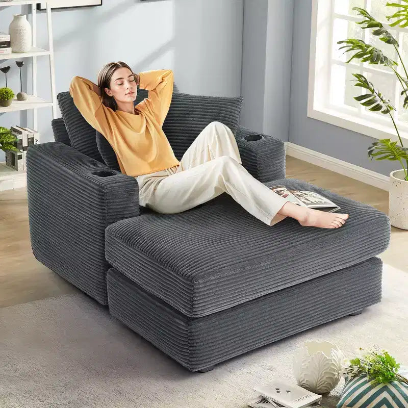 Corduroy Chaise Lounge Chair Single Seater Recliner with Ottoman Modern Accent Chair for Living Room or Bedroom