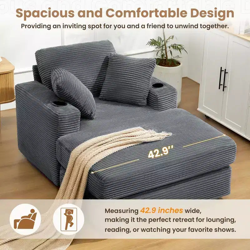 Corduroy Chaise Lounge Chair Single Seater Recliner with Ottoman Modern Accent Chair for Living Room or Bedroom