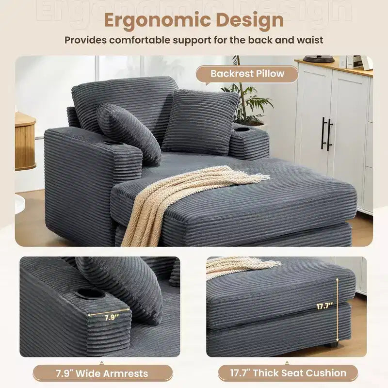 Corduroy Chaise Lounge Chair Single Seater Recliner with Ottoman Modern Accent Chair for Living Room or Bedroom