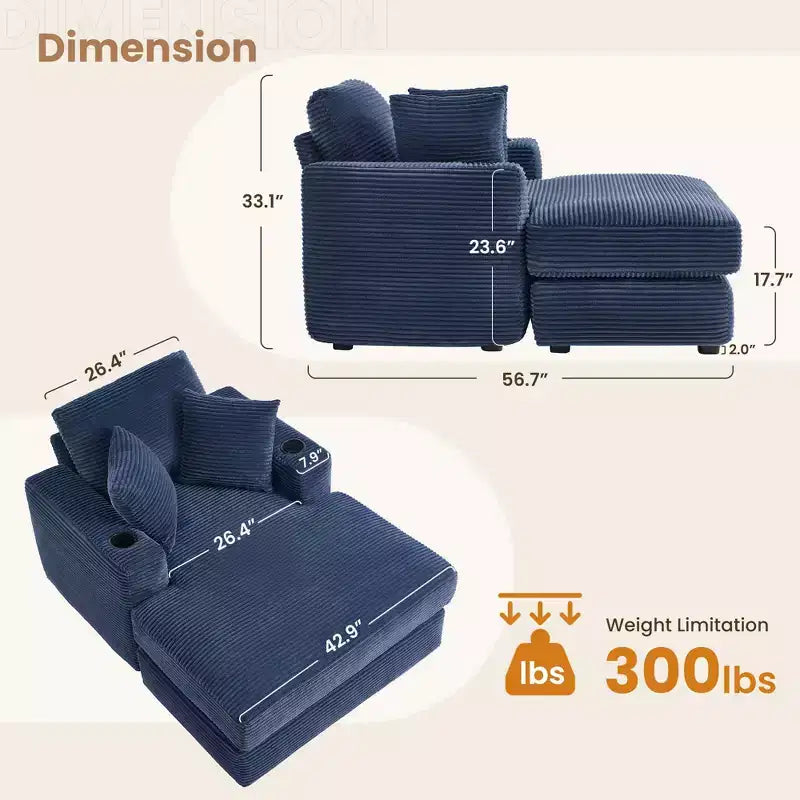 Corduroy Chaise Lounge Chair Single Seater Recliner with Ottoman Modern Accent Chair for Living Room or Bedroom