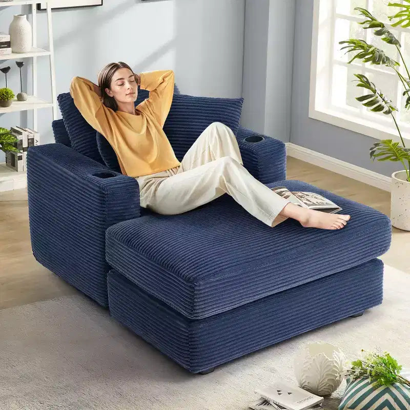 Corduroy Chaise Lounge Chair Single Seater Recliner with Ottoman Modern Accent Chair for Living Room or Bedroom