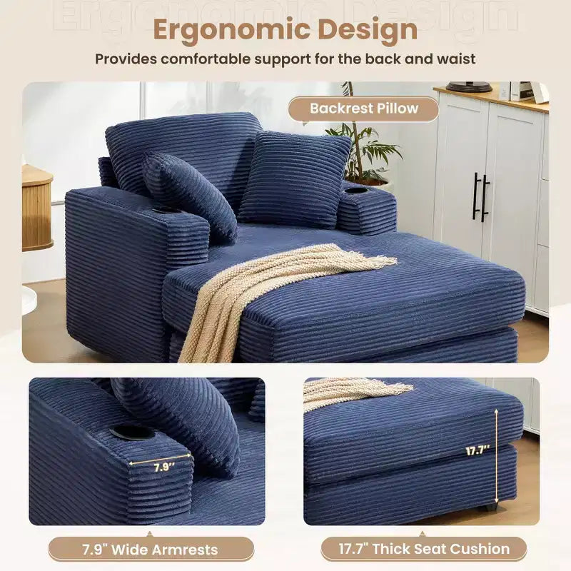 Corduroy Chaise Lounge Chair Single Seater Recliner with Ottoman Modern Accent Chair for Living Room or Bedroom
