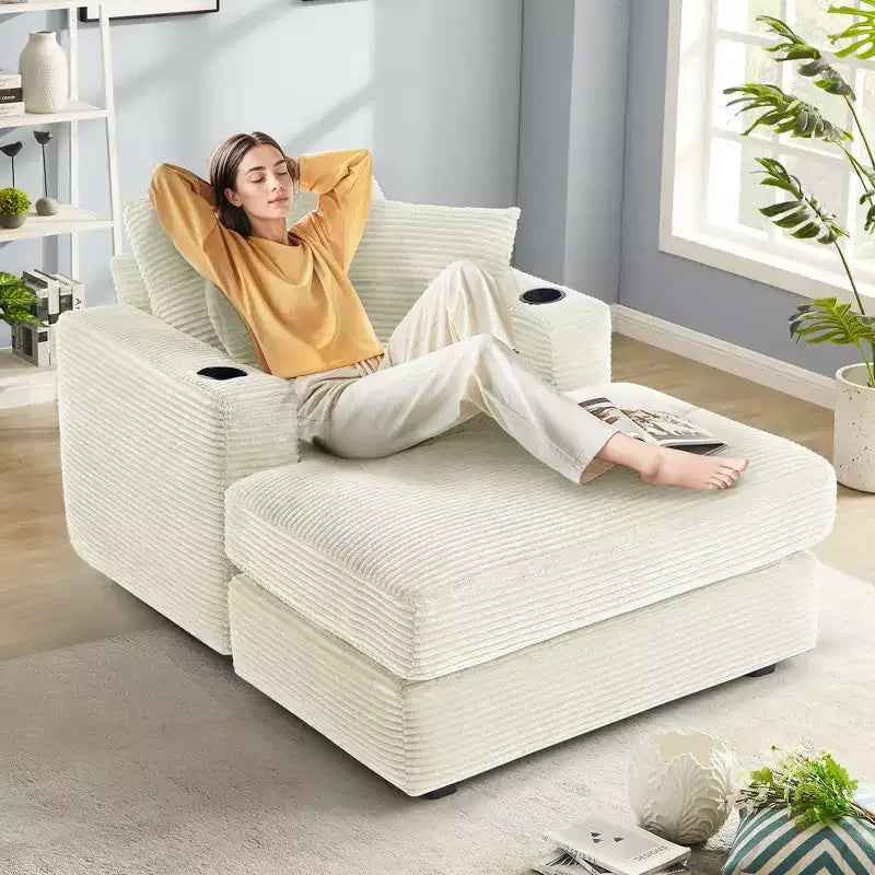 Hyleory Corduroy Chaise Lounge Chair Single Seater Recliner with Ottoman Modern Accent Chair for Living Room or Bedroom