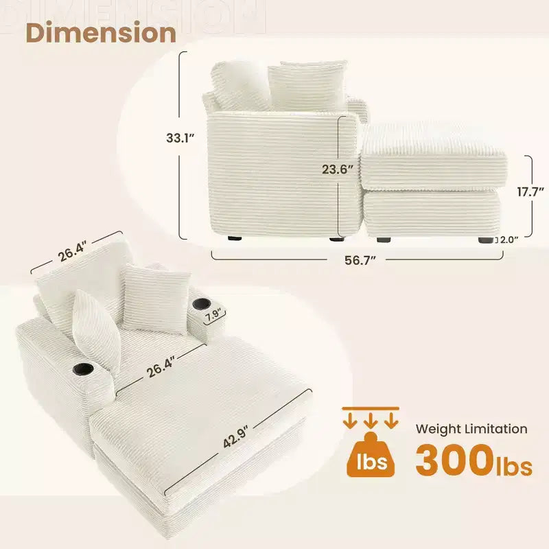 Hyleory Corduroy Chaise Lounge Chair Single Seater Recliner with Ottoman Modern Accent Chair for Living Room or Bedroom