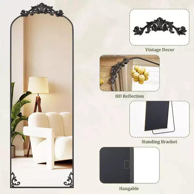65x22 Arched Full Length Mirror Metal Vintage Mirror Baroque Style,Black