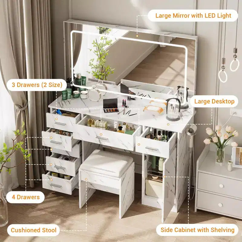 GustoWave Vanity Desk with Large Mirror and Lights, Makeup Vanity with Power Outlet, 7 Drawers & Cushioned Stool, Dressing Table