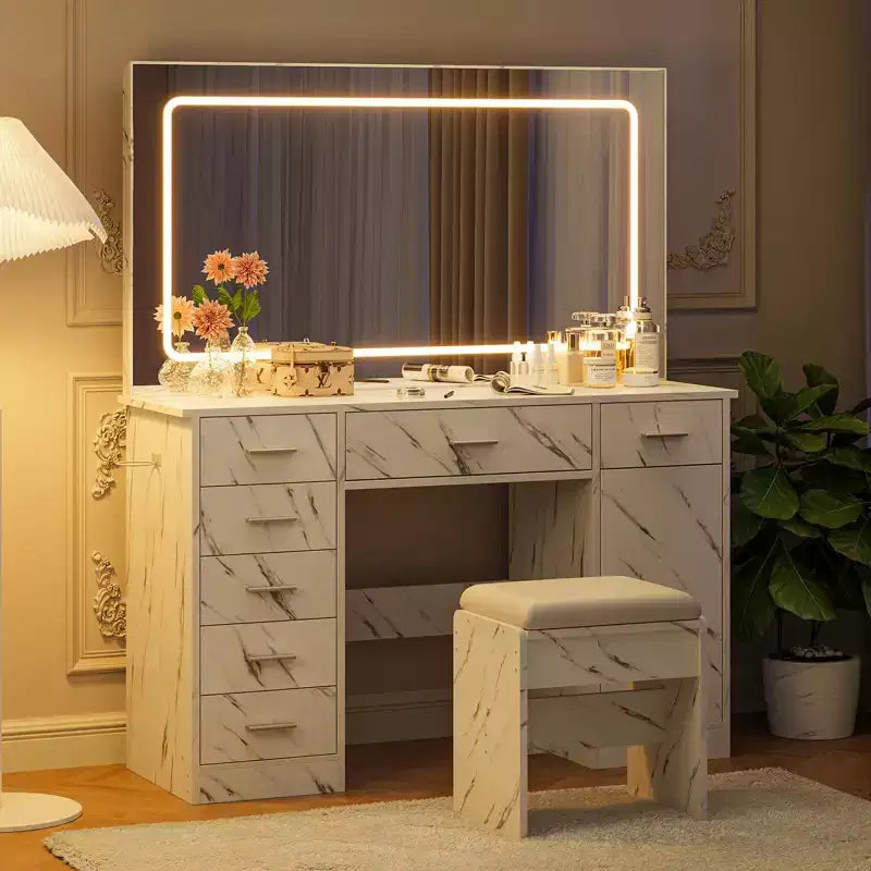 GustoWave Vanity Desk with Large Mirror and Lights, Makeup Vanity with Power Outlet, 7 Drawers & Cushioned Stool, Dressing Table