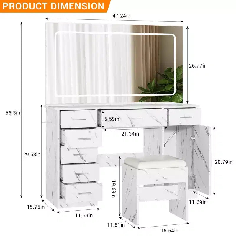 GustoWave Vanity Desk with Large Mirror and Lights, Makeup Vanity with Power Outlet, 7 Drawers & Cushioned Stool, Dressing Table