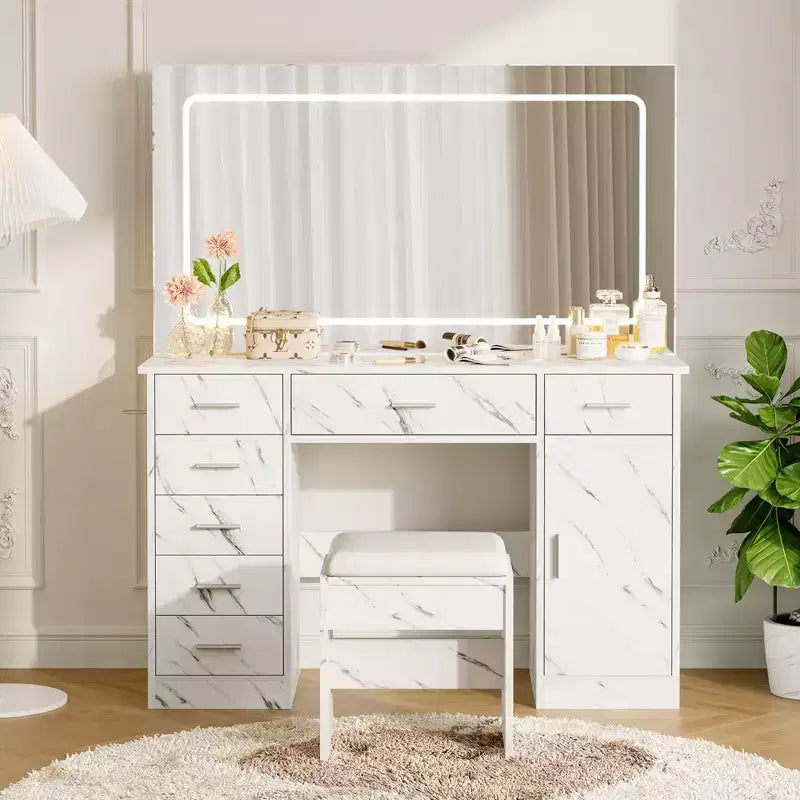 Vanity Desk with Large Mirror and Lights, Makeup Vanity with Power Outlet, 7 Drawers & Cushioned Stool, Dressing Table