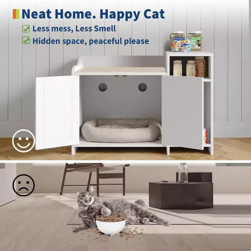 Cat Litter Box Enclosure Furniture, Hidden Litter Box Cabinet with Barn Door, Modern End Table Style, Wooden Pet House, Dog-Proof Design