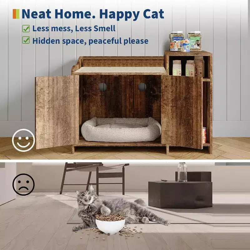 Cat Litter Box Enclosure Furniture, Hidden Litter Box Cabinet with Barn Door, Modern End Table Style, Wooden Pet House, Dog-Proof Design