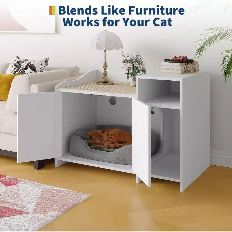 Cat Litter Box Enclosure Furniture, Hidden Litter Box Cabinet with Barn Door, Modern End Table Style, Wooden Pet House, Dog-Proof Design