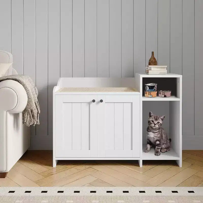 Cat Litter Box Enclosure Furniture, Hidden Litter Box Cabinet with Barn Door, Modern End Table Style, Wooden Pet House, Dog-Proof Design