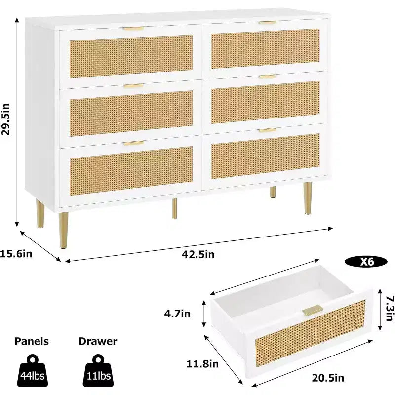 29.5 Rattan 6-Drawer Storage Chest, Wide Cabinet with Large Tabletop, Anti-Tip Design for Bedroom & Living Room