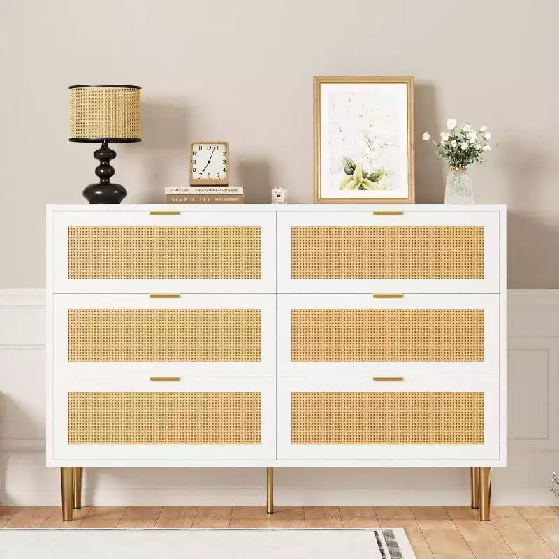 29.5 Rattan 6-Drawer Storage Chest, Wide Cabinet with Large Tabletop, Anti-Tip Design for Bedroom & Living Room