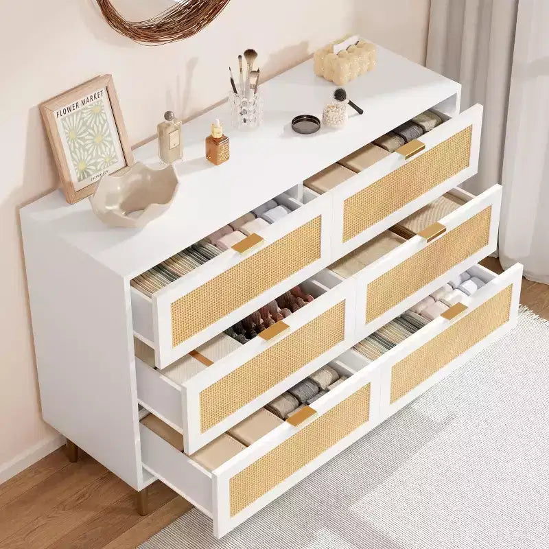 29.5 Rattan 6-Drawer Storage Chest, Wide Cabinet with Large Tabletop, Anti-Tip Design for Bedroom & Living Room