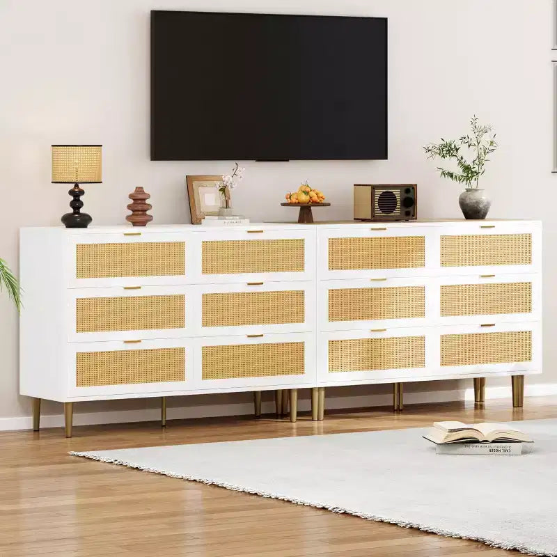 29.5 Rattan 6-Drawer Storage Chest, Wide Cabinet with Large Tabletop, Anti-Tip Design for Bedroom & Living Room