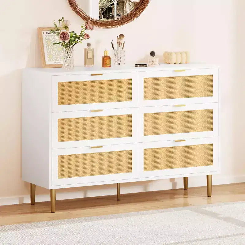 29.5 Rattan 6-Drawer Storage Chest, Wide Cabinet with Large Tabletop, Anti-Tip Design for Bedroom & Living Room