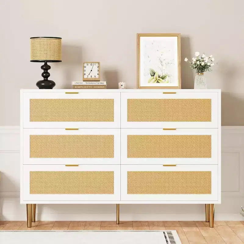 29.5 Rattan 6-Drawer Storage Chest, Wide Cabinet with Large Tabletop, Anti-Tip Design for Bedroom & Living Room