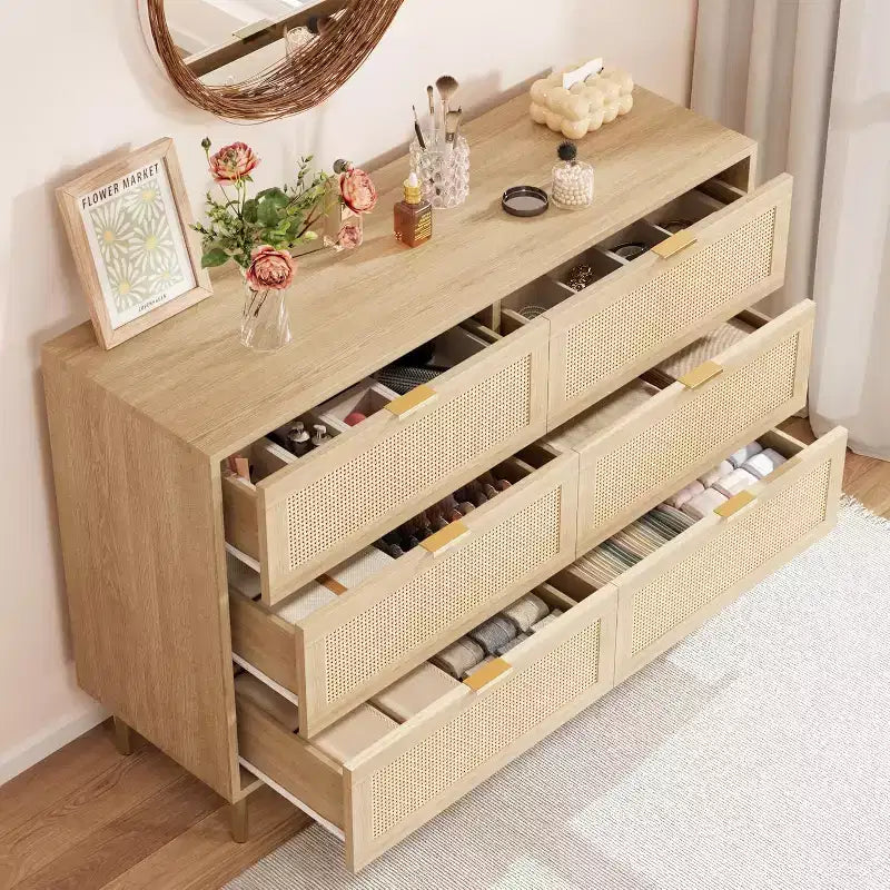 29.5 Rattan 6-Drawer Storage Chest, Wide Cabinet with Large Tabletop, Anti-Tip Design for Bedroom & Living Room