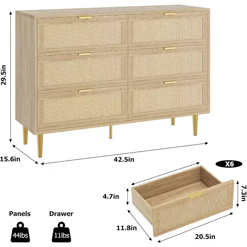 29.5 Rattan 6-Drawer Storage Chest, Wide Cabinet with Large Tabletop, Anti-Tip Design for Bedroom & Living Room