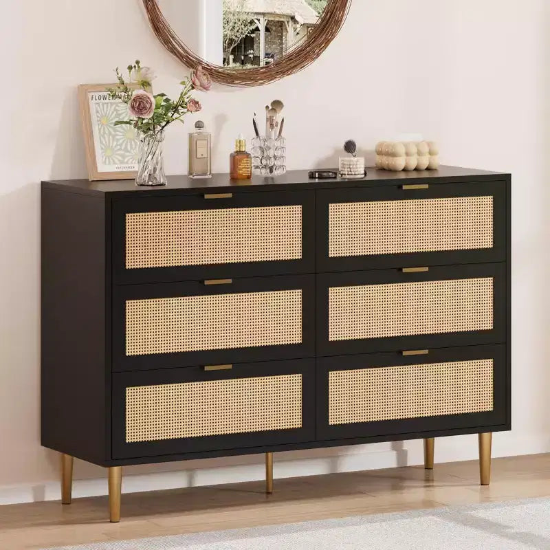 29.5 Rattan 6-Drawer Storage Chest, Wide Cabinet with Large Tabletop, Anti-Tip Design for Bedroom & Living Room