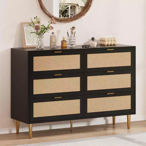 29.5 Rattan 6-Drawer Storage Chest, Wide Cabinet with Large Tabletop, Anti-Tip Design for Bedroom & Living Room