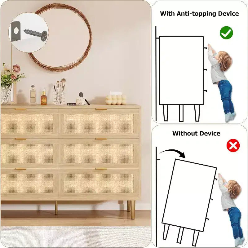 29.5 Rattan 6-Drawer Storage Chest, Wide Cabinet with Large Tabletop, Anti-Tip Design for Bedroom & Living Room