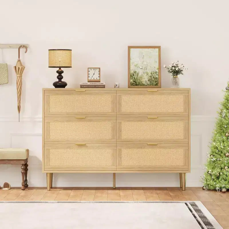 29.5 Rattan 6-Drawer Storage Chest, Wide Cabinet with Large Tabletop, Anti-Tip Design for Bedroom & Living Room