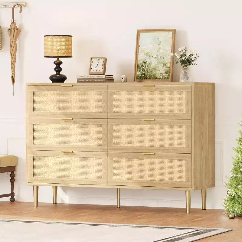 29.5 Rattan 6-Drawer Storage Chest, Wide Cabinet with Large Tabletop, Anti-Tip Design for Bedroom & Living Room