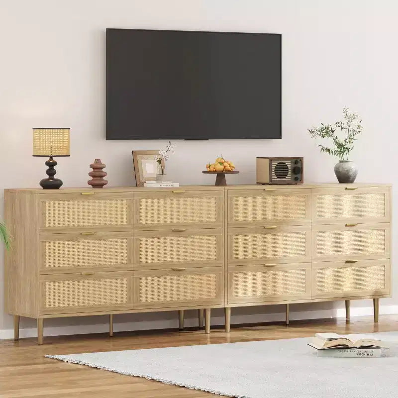 29.5 Rattan 6-Drawer Storage Chest, Wide Cabinet with Large Tabletop, Anti-Tip Design for Bedroom & Living Room