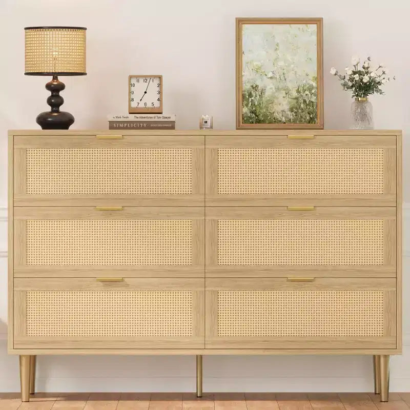29.5 Rattan 6-Drawer Storage Chest, Wide Cabinet with Large Tabletop, Anti-Tip Design for Bedroom & Living Room