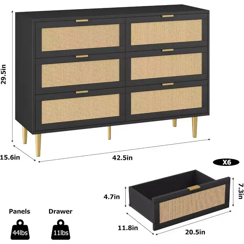 29.5 Rattan 6-Drawer Storage Chest, Wide Cabinet with Large Tabletop, Anti-Tip Design for Bedroom & Living Room