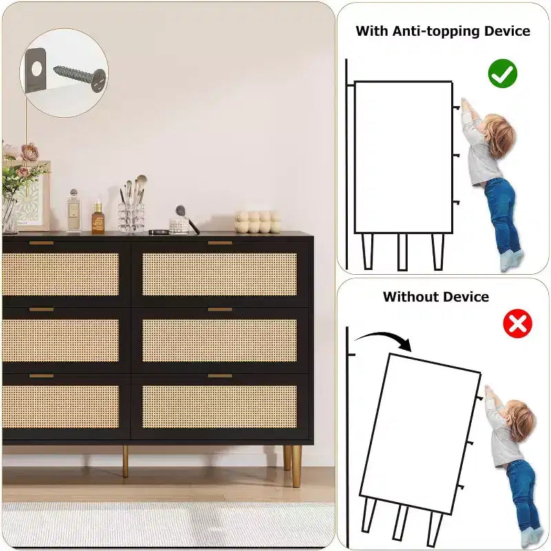 29.5 Rattan 6-Drawer Storage Chest, Wide Cabinet with Large Tabletop, Anti-Tip Design for Bedroom & Living Room