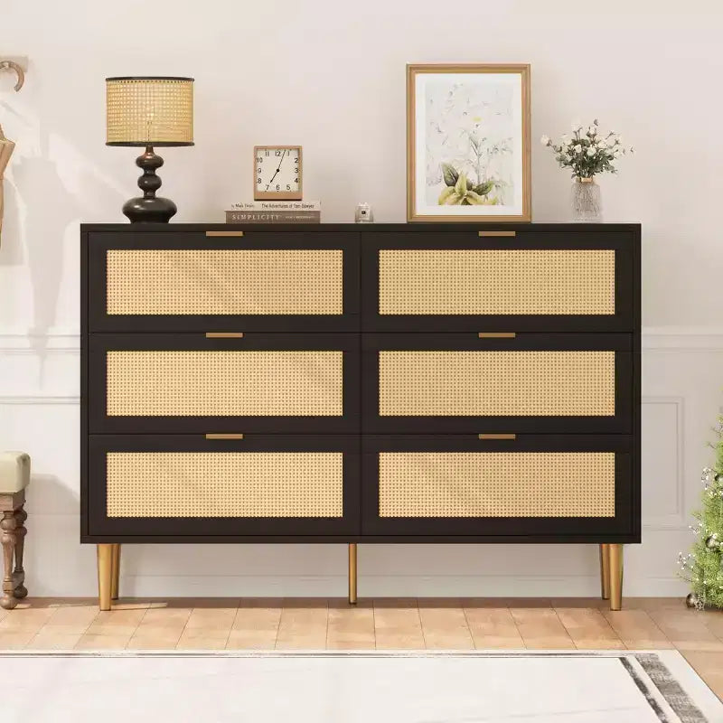 29.5 Rattan 6-Drawer Storage Chest, Wide Cabinet with Large Tabletop, Anti-Tip Design for Bedroom & Living Room
