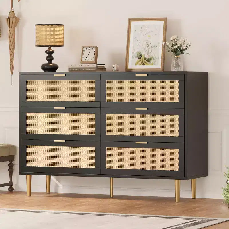 29.5 Rattan 6-Drawer Storage Chest, Wide Cabinet with Large Tabletop, Anti-Tip Design for Bedroom & Living Room