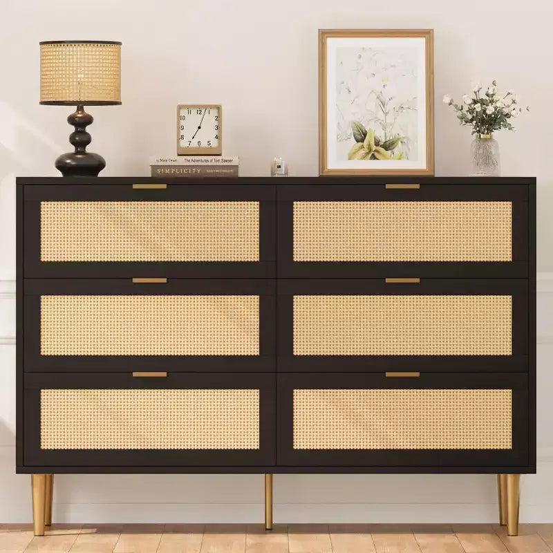 29.5 Rattan 6-Drawer Storage Chest, Wide Cabinet with Large Tabletop, Anti-Tip Design for Bedroom & Living Room