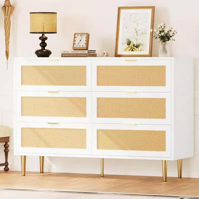 29.5 Rattan 6-Drawer Storage Chest, Wide Cabinet with Large Tabletop, Anti-Tip Design for Bedroom & Living Room