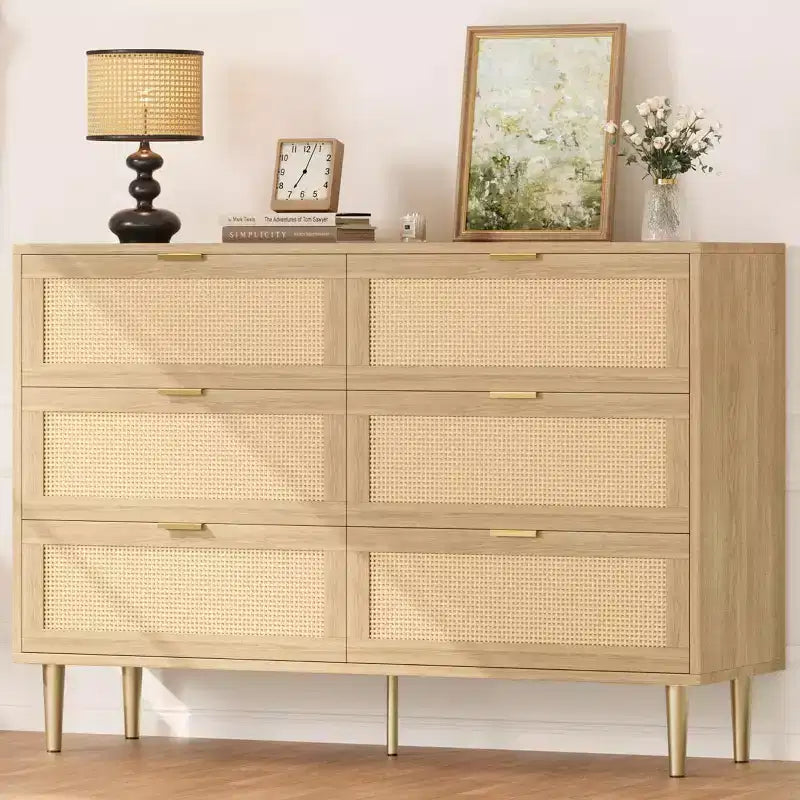29.5 Rattan 6-Drawer Storage Chest, Wide Cabinet with Large Tabletop, Anti-Tip Design for Bedroom & Living Room