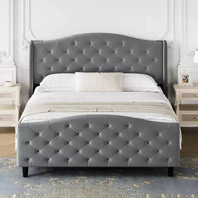 Queen Size Velvet Tufted Platform Bed Frame with Wingback Headboard - Wood Slat Support, No Box Spring Needed, Gray Upholstered Bed