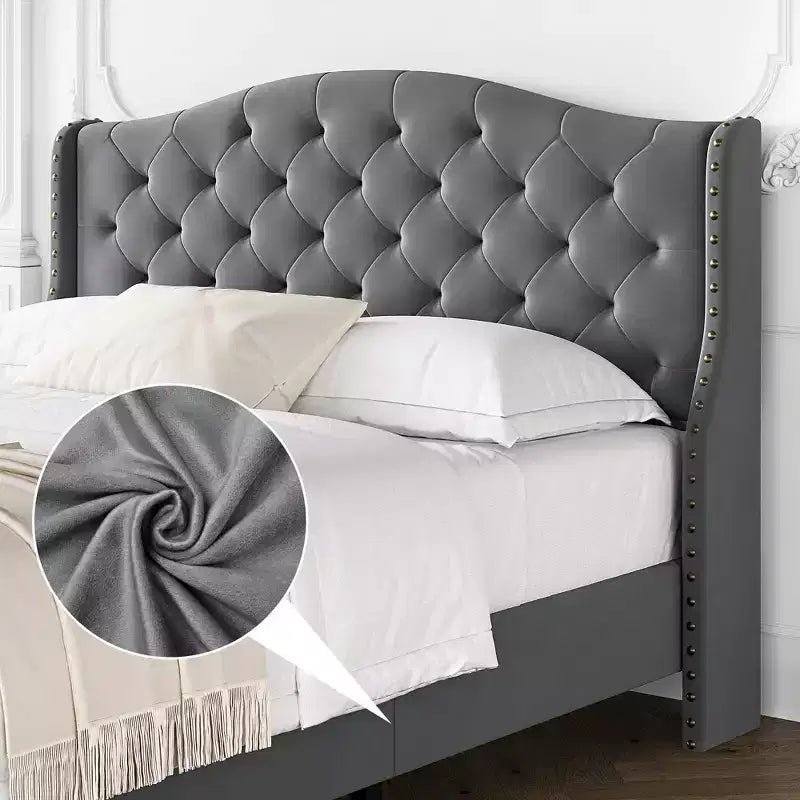 Queen Size Velvet Tufted Platform Bed Frame with Wingback Headboard - Wood Slat Support, No Box Spring Needed, Gray Upholstered Bed