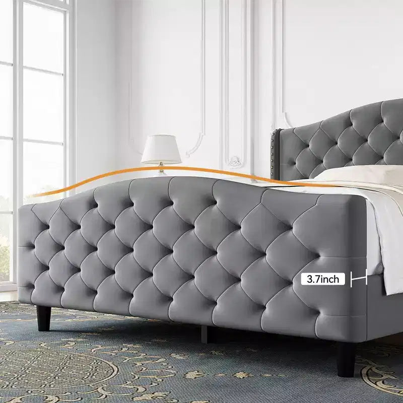 Queen Size Velvet Tufted Platform Bed Frame with Wingback Headboard - Wood Slat Support, No Box Spring Needed, Gray Upholstered Bed