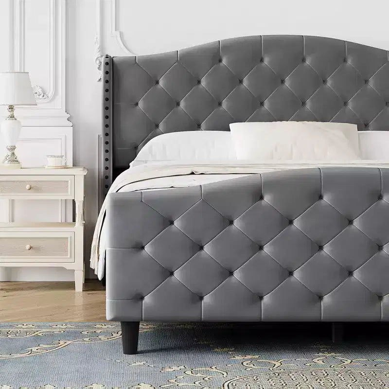 Queen Size Velvet Tufted Platform Bed Frame with Wingback Headboard - Wood Slat Support, No Box Spring Needed, Gray Upholstered Bed