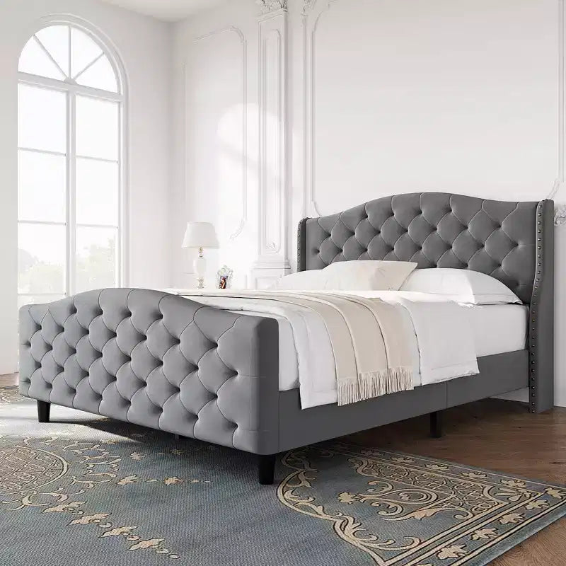 Queen Size Velvet Tufted Platform Bed Frame with Wingback Headboard - Wood Slat Support, No Box Spring Needed, Gray Upholstered Bed