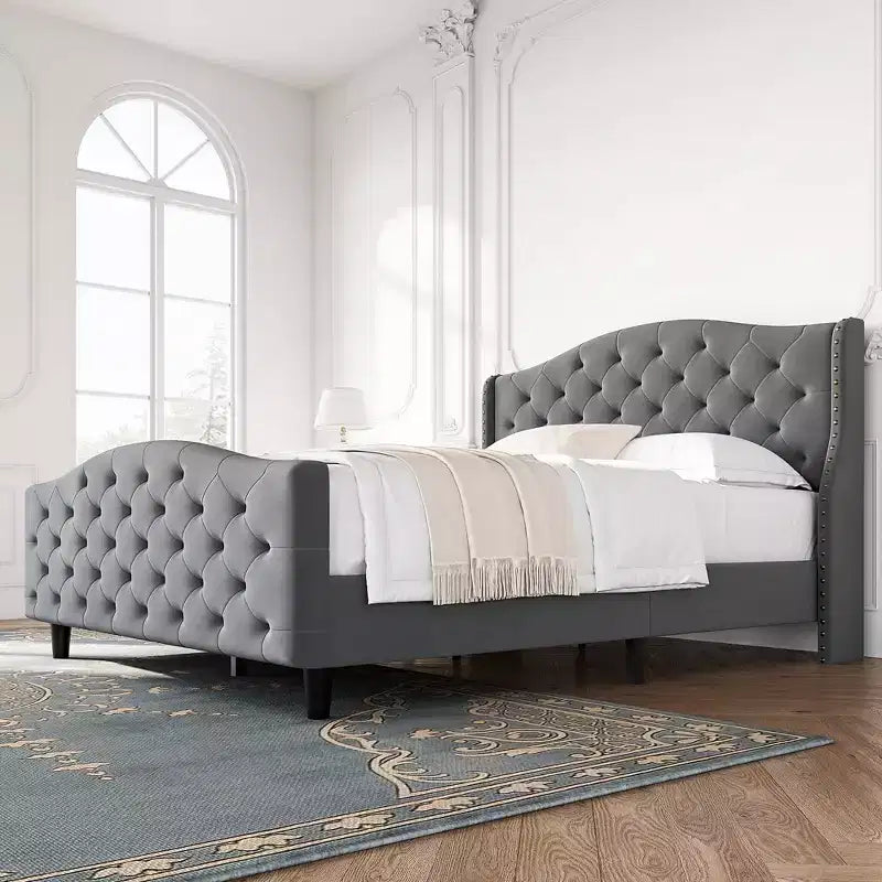 Queen Size Velvet Tufted Platform Bed Frame with Wingback Headboard - Wood Slat Support, No Box Spring Needed, Gray Upholstered Bed