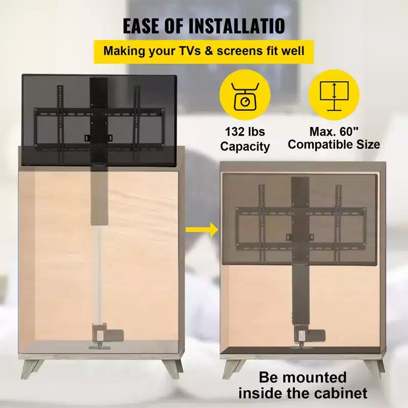 Automated TV Elevator, 31 Stroke for Up to 60 Screens, Adjustable Height 42-73, Remote Controlled, Supports 132 lbs, Black