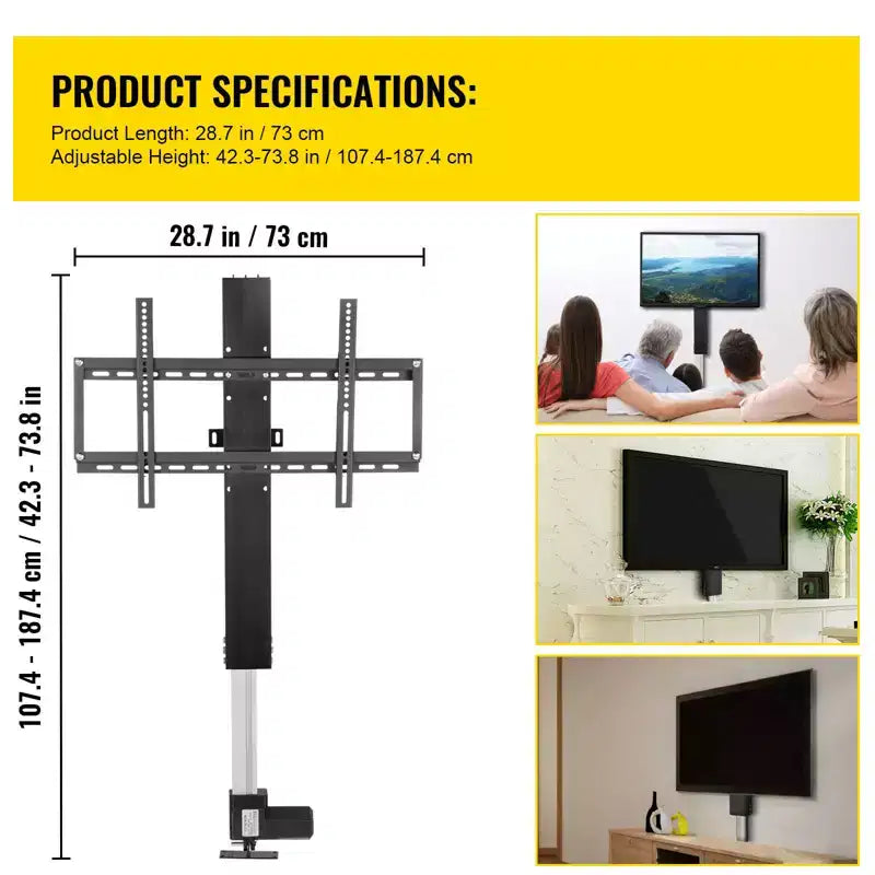 Automated TV Elevator, 31 Stroke for Up to 60 Screens, Adjustable Height 42-73, Remote Controlled, Supports 132 lbs, Black