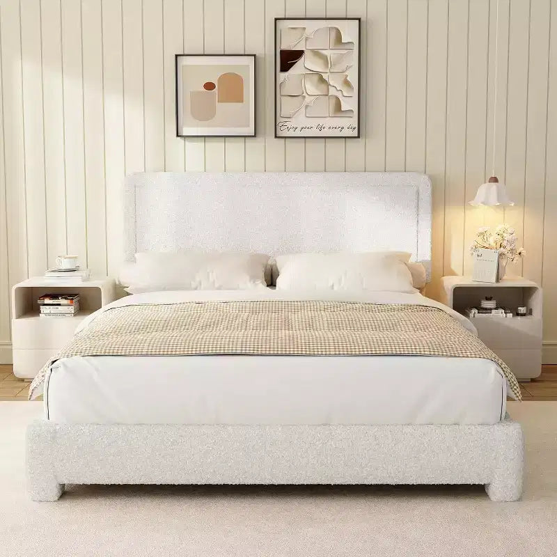 Boucle Bed Frame,White Upholstered Teddy Fabric Bed Frame with Headboard, Adjustable Headboard, Easy Assembly
